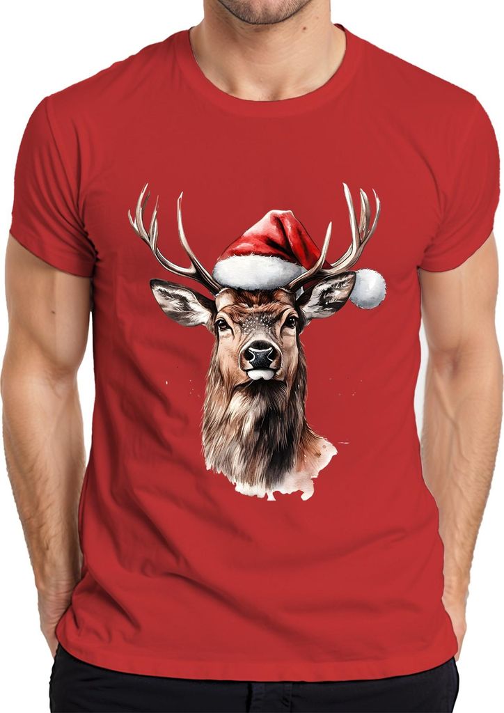 Rentier Santa Geweih Weihnachten Aquarell Geschenk Vintage Lustig Herren T-Shirt, Rot, XXL