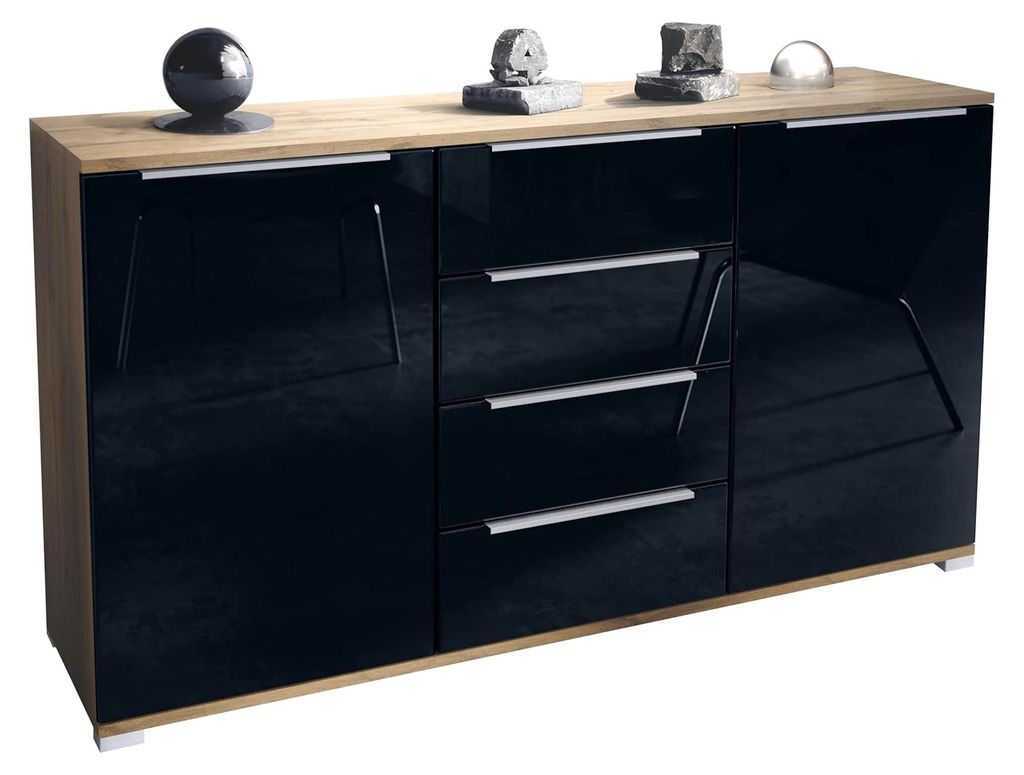 Sideboard Linio V1, Anrichte mit 2 Türen und 4 Schubladen, Eiche Evoke/Schwarz Hochglanz (138,5 x 75,5 x 35 cm)