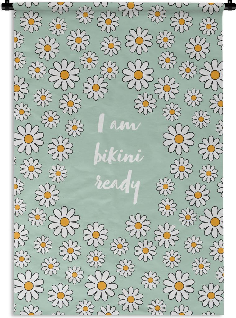 MuchoWow Wandteppich Wandbehang Ich bin bereit für den Bikini - Blumen - Grün - Zitat 60x90 cm Tapisserie Dekoration Wandtuch - Foto-Teppich - ...