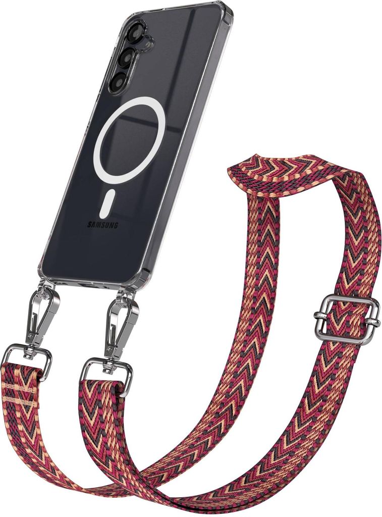EAZY CASE - Handykette mit MagSafe Hülle für Samsung Galaxy A16, Handyband ZigZag Style,Karabiner Silber, Umhängeband in Rot