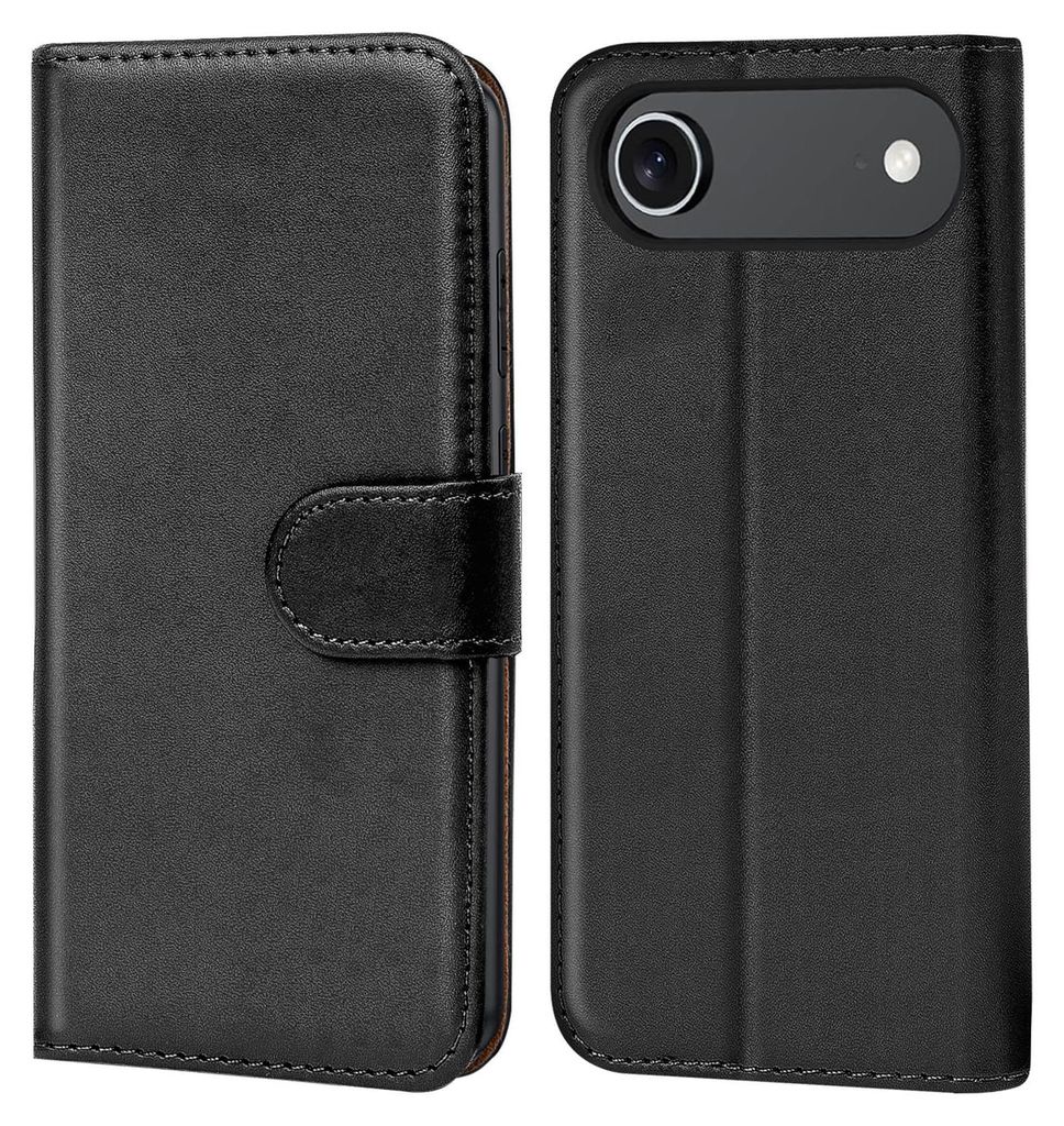 A black flip case for a smartphone is shown from the front and back.