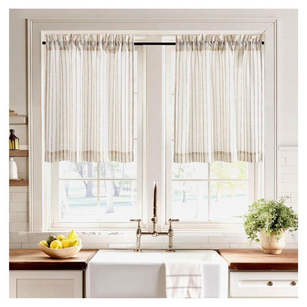 Leinen Küchengardinen mit beigen Streifen, moderne halbtransparente Fenstergardine mit Stangedurchzug, 2 Stück, B 60 x H 45 cm
