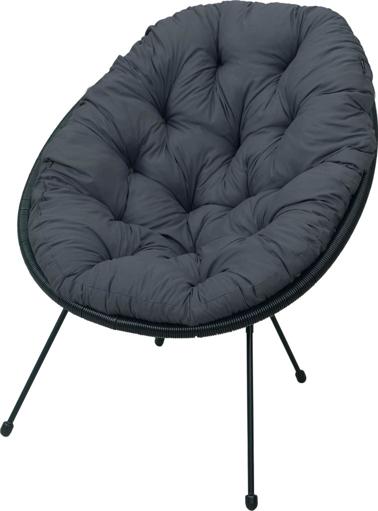 A dark gray cushion chair with black metal legs, isolated on a white background.