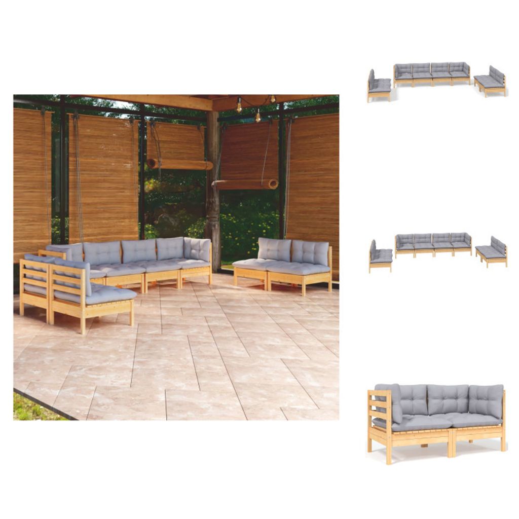 vidaXL 8-tlg. Garten-Lounge-Set mit Grauen Kissen Kiefer Massivholz - Gartenmöbel-Sets