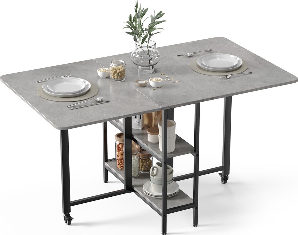 Mondeer Klappbarer Esstisch Küchentisch mit 2 Ablagen und Rollen 140 x 80 x 75 cm Grau