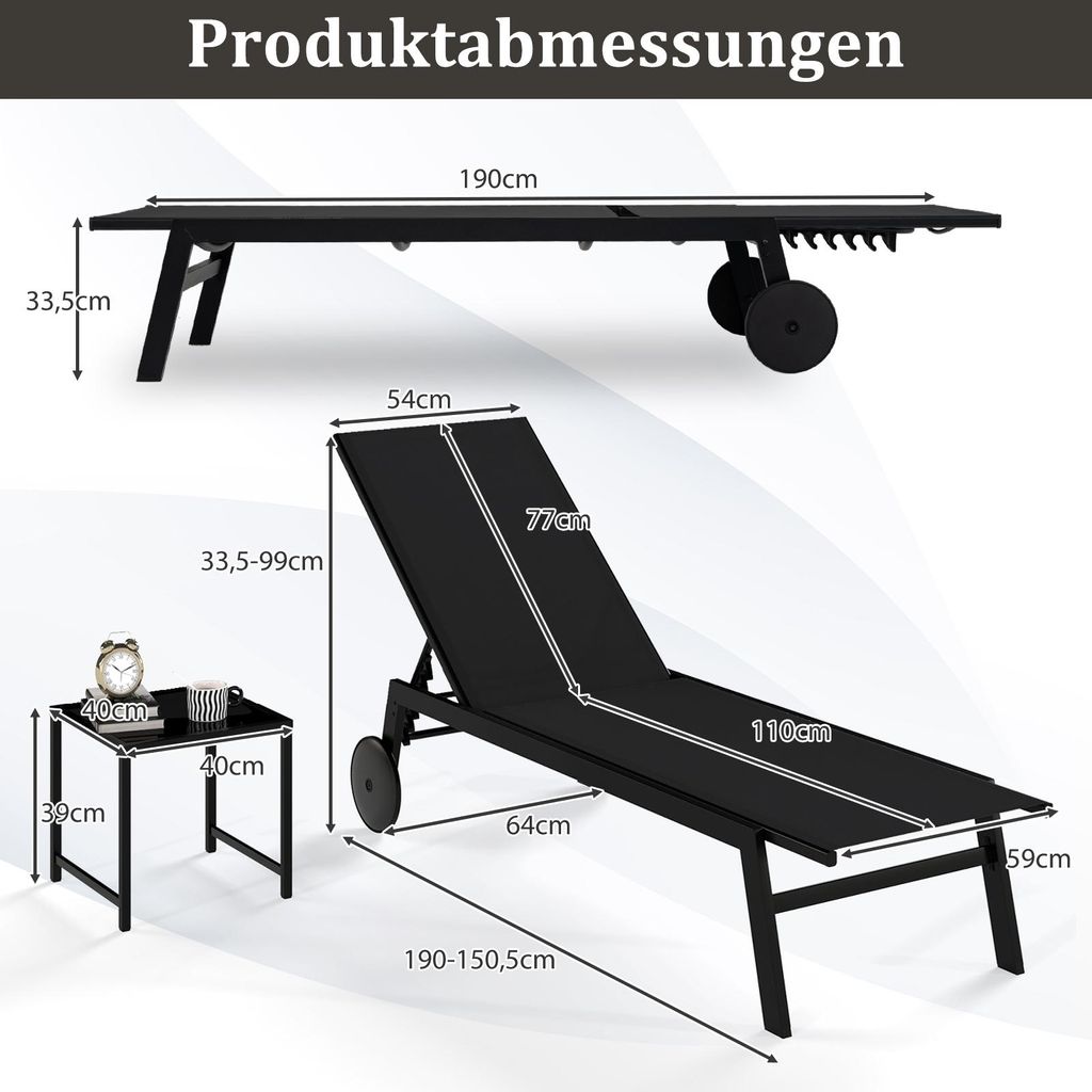 COSTWAY 2er Set Sonnenliege Mit Rollen – Verstellbare Rückenlehne, Schnelltrocknend, Bis 150 Kg, Grau Für Garten & Balkon