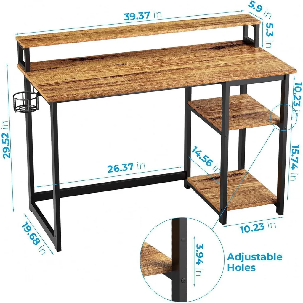 Table de bureau marron 100cm avec rangements et support d'écran intégré - 3