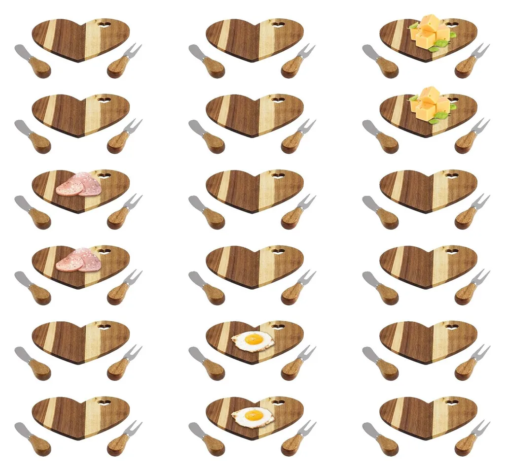 Set de Planche à Fromage en Bois Naturel avec 4 Couverts Cœur 30cm