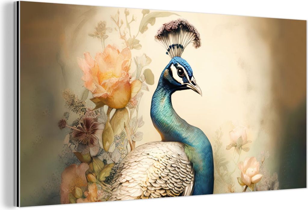MuchoWow Wanddekoration Metall Metallbild Wandkunst 40x20 cm Pfau - Pfauenfedern - Blumen - Botanisch MuchoWow Aluminium Gemälde - Bild - Aluminium