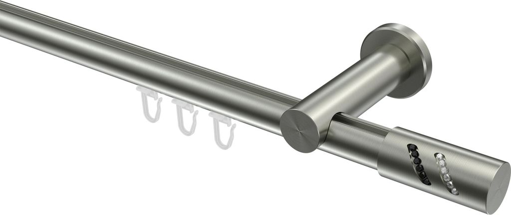Interdeco Innenlaufstange / Gardinenstange mit Innenlauf Edelstahl-Optik, Typ Platon Zoena (Glitzerzylinder), 20 mm Ø 1-läufig, 480 cm