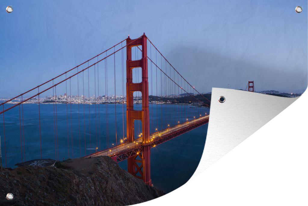 MuchoWow 60x40 cm Outdoor-Poster Gartendeko Sichtschutz Garten Poster für den Garten Golden Gate Bridge am Abend beleuchtet