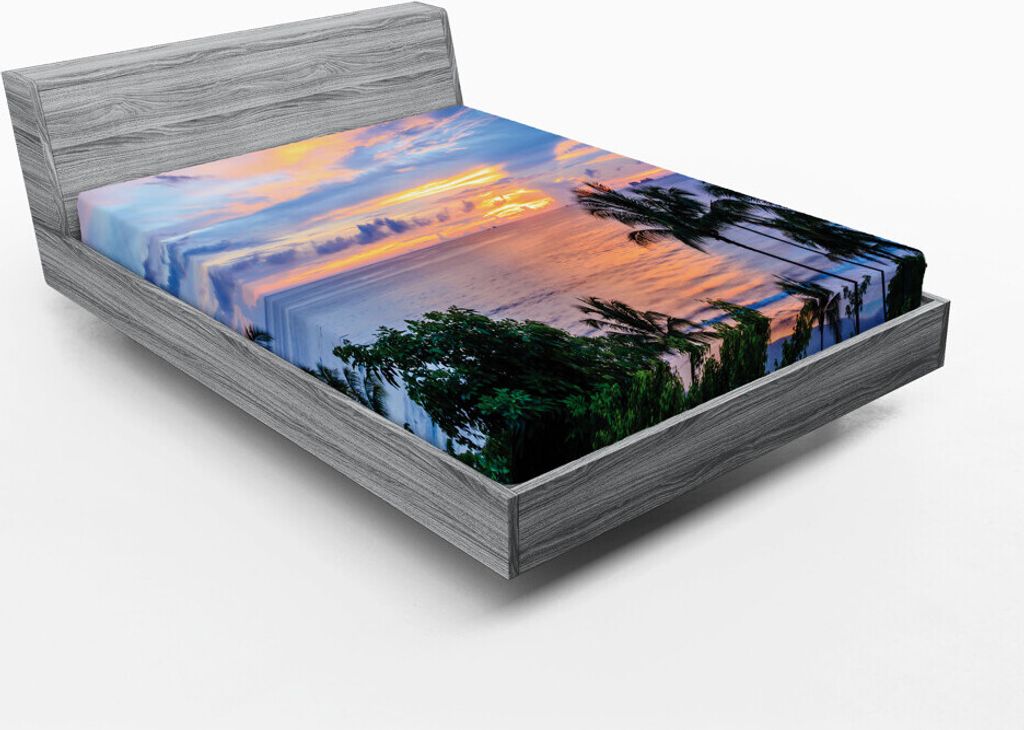 ABAKUHAUS Zentralamerika Spannbetttuch, Serene tropischen Ozean Sonnenuntergang mit Hoch Palmen Luftaufnahme Urlaubsort, 140 x 200 cm, Mehrfarbig