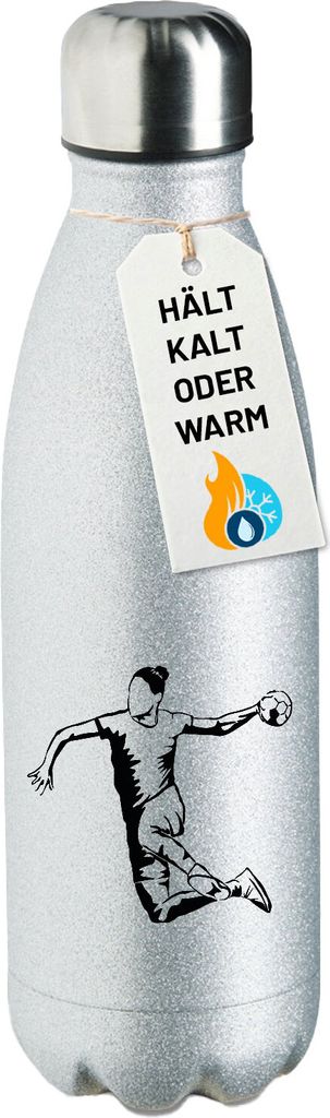 Huuraa Trinkflasche Handball Silhouette 500ml Silver Edelstahl Wasserflasche Trinkflasche Geschenkidee