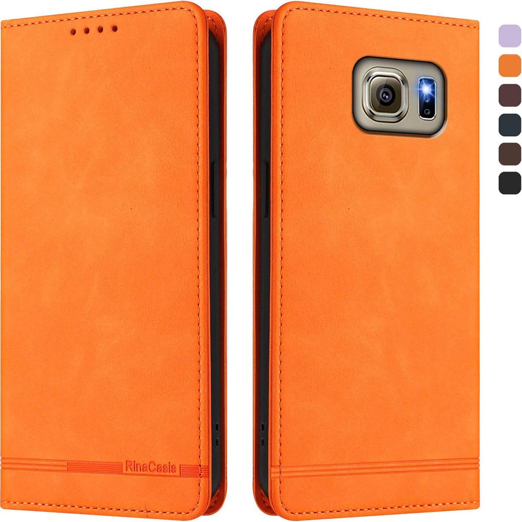 Hülle für Samsung Galaxy S6, Retro Kunstleder Ständer Klapphülle mit Kartenfächer und Magnetische Orange