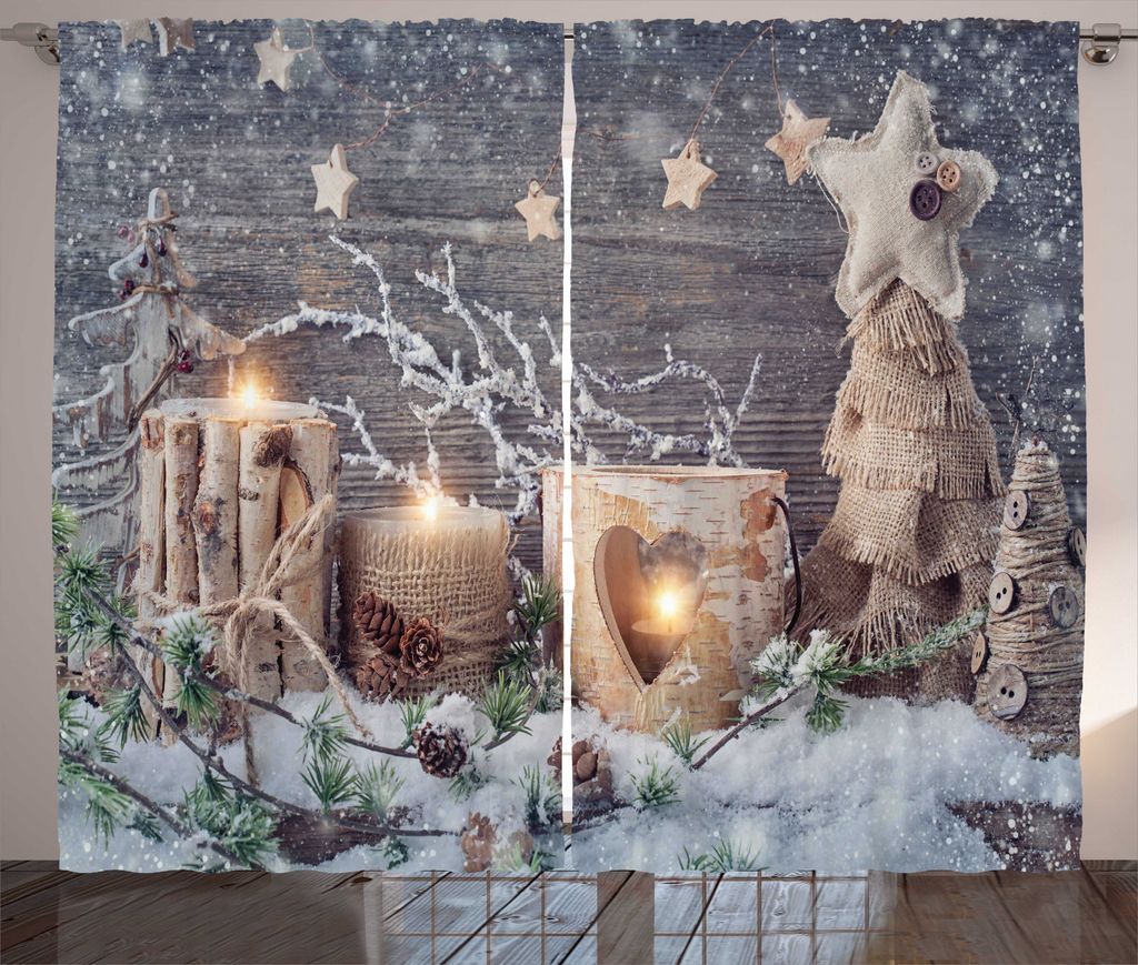 ABAKUHAUS Weihnachten Rustikaler Gardine, Candle Winterurlaub, Schlafzimmer Kräuselband Vorhang mit Schlaufen und Haken, 280 x 225 cm, Khaki und Grau
