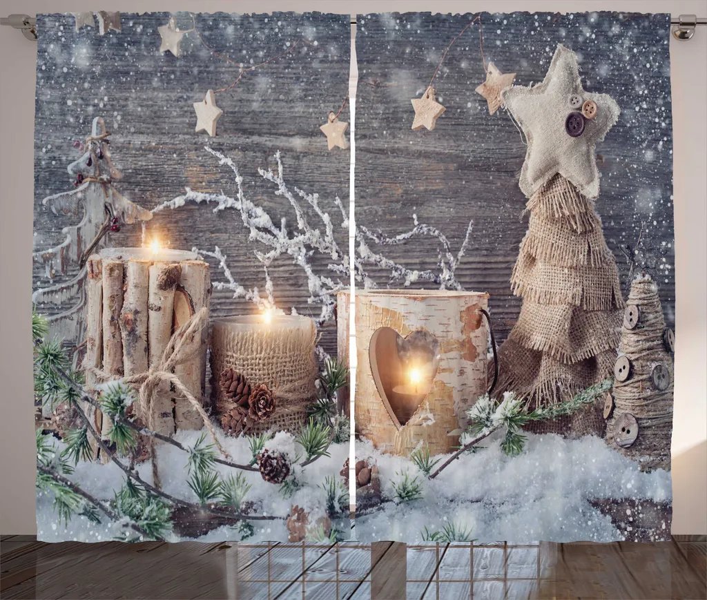 Rideau de Chambre Noël 280x225 cm avec Crochets, Motif Rustique Kaki