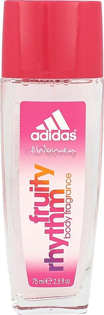 A clear, front-facing product shot of an Adidas Fruity Rhythm body fragrance spray for women.