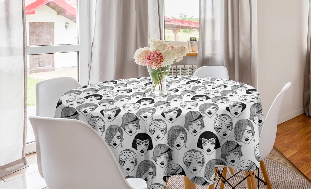 ABAKUHAUS Tovaglia rotonda alla moda, motivo con teste di donne vintage, tovaglia rotonda per decorare la sala da pranzo e la cucina, 150 cm, grigio antracite e bianco