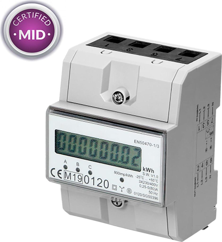 A close-up studio shot of a digital electricity meter.