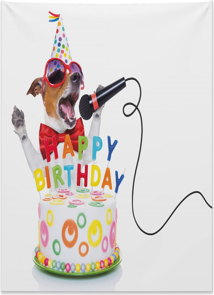 Abakuhaus Geburtstagsparty Wandteppich, Geburtstags-Musiker-Hund aus Weiches Mikrofaser Stoff Kein Verblassen Klare Farben Waschbar, 110 x 150 cm, ...