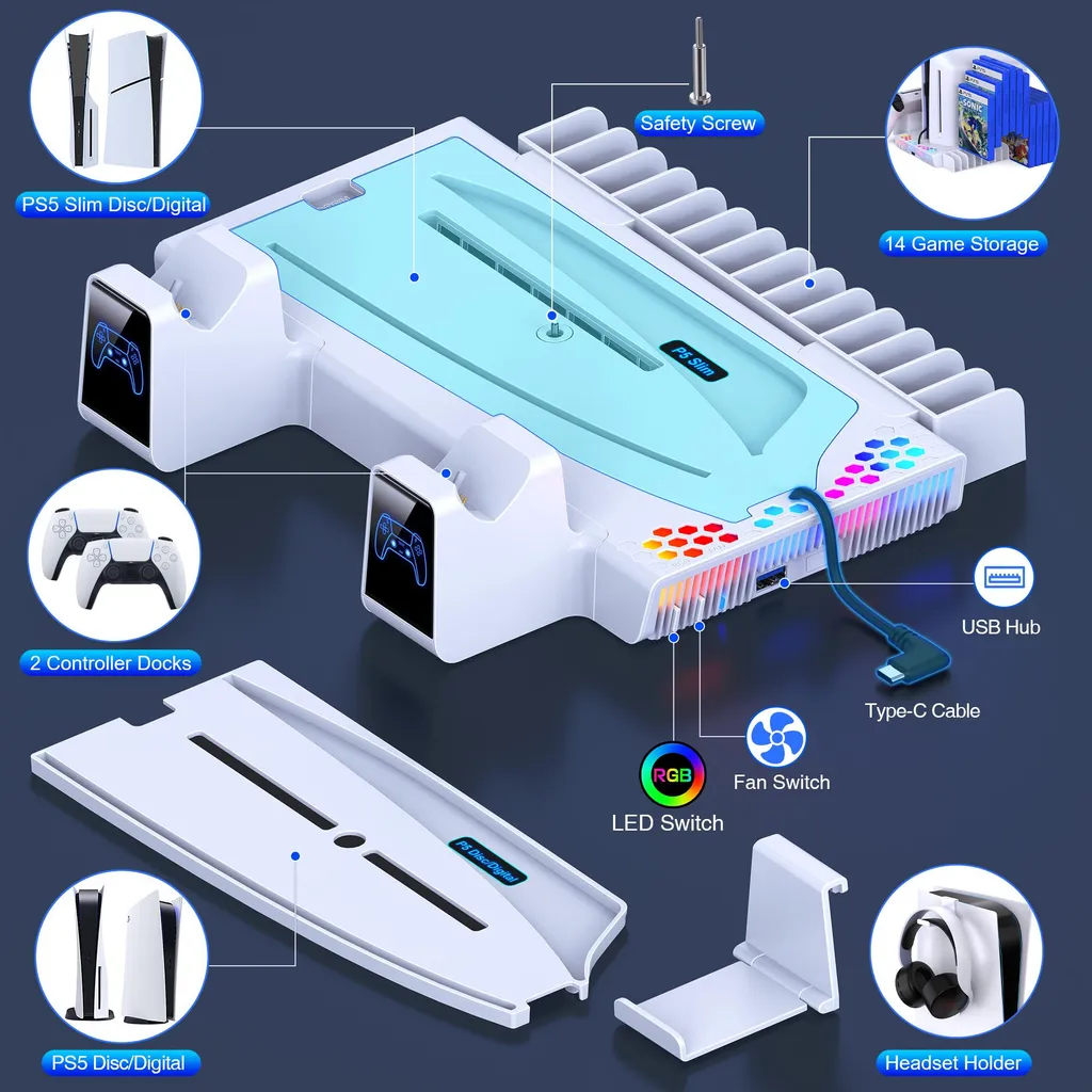 Station de refroidissement PS5 avec chargeur double manettes - Blanc