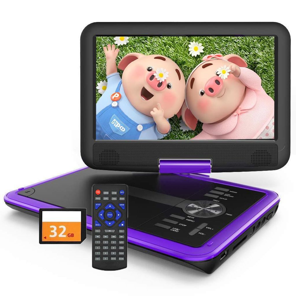 11.5" Tragbarer DVD Player mit 9.5" HD Drehbildschirm für Auto und Kinder mit Autoladegerät und AC Adapter mit 32G Karte Lila