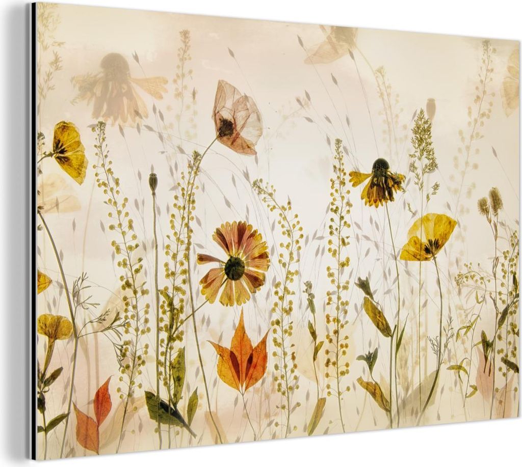 MuchoWow Wanddekoration Metall Metallbild Wandkunst 60x40 cm Illustration - Pflanzen - Insekten - Beige MuchoWow Aluminium Gemälde - Gemälder
