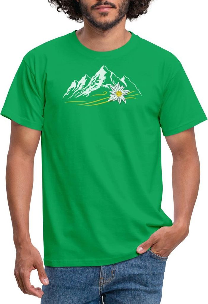 Spreadshirt Berglandschaft Bergliebe Alpen Mit Edelweiß Männer T-Shirt, L, Kelly Green