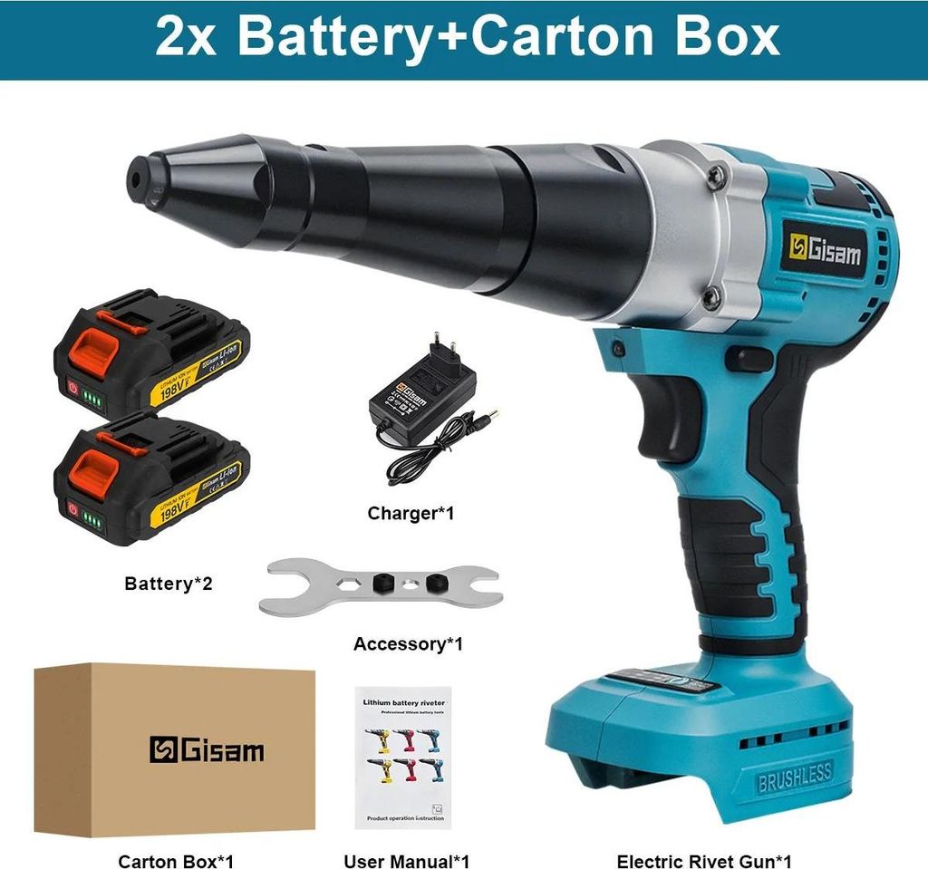 Nietpistole - Akku Blindnietgerät - Bürstenloser Motor - Zugkraft 20.000 N - Nietbereich 2,4–4,8 mm - Kabellos - Mit 2 Akkus - Blau