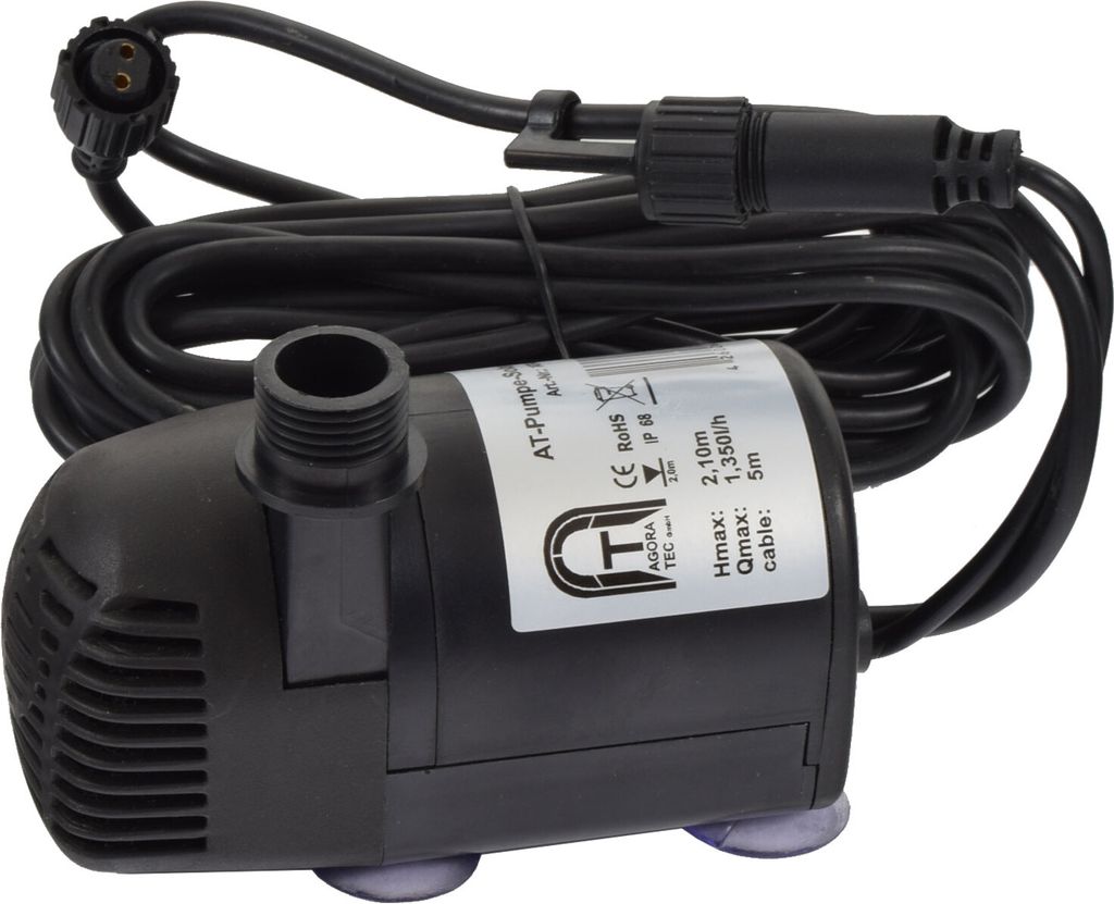 A black water pump with a power cord and a label showing product specifications.