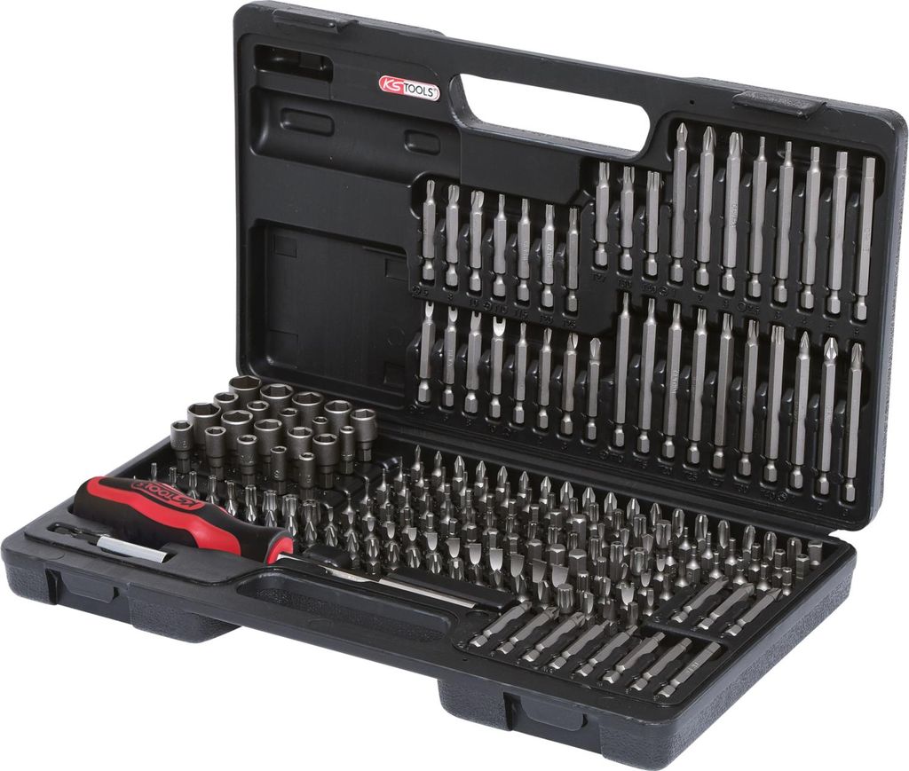 A black plastic case containing a large set of drill bits and screwdriver bits, with a red and black screwdriver.