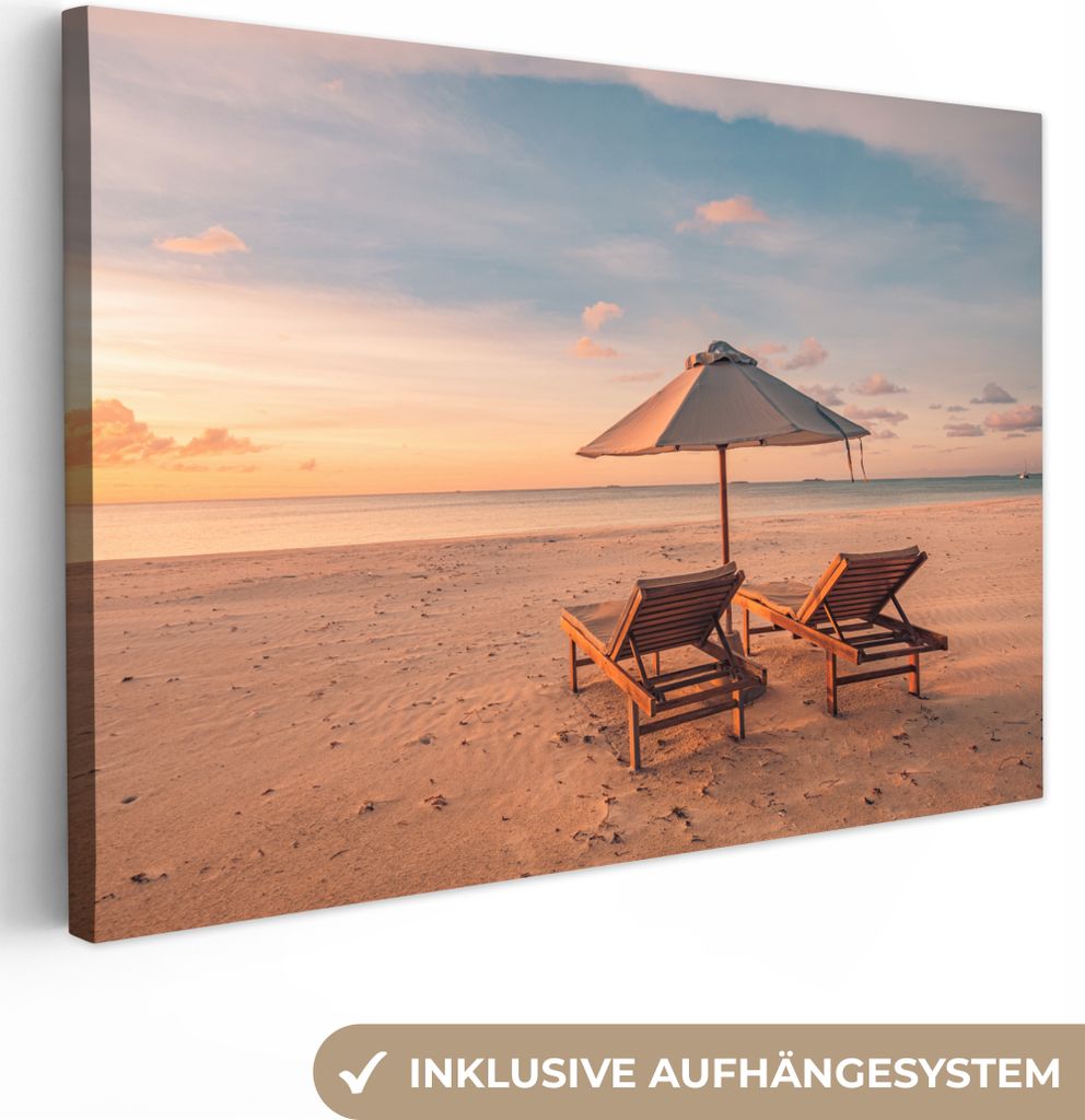 OneMillionCanvasses - Leinwandbilder - 140x90 cm, Strand - Sonnenliege - Sonnenschirm, Wandbilder Kunstdruck Wanddekoration