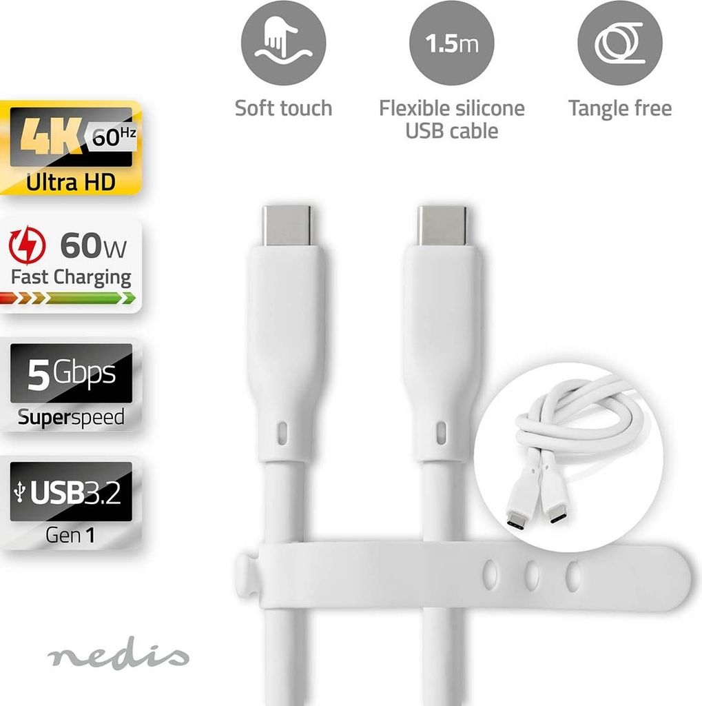 Nedis USB-Kabel - USB 3.2 Gen 1 - USB-C Stecker - USB-C Stecker - 60 W - 4K@60Hz - 5 Gbps - Vernickelt - 1.50 m - Rund - Silikon - Weiss - Box