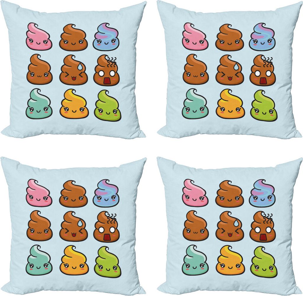 ABAKUHAUS Poop Emoticon Kissenbezug Set (4 Stück), kawaii Cartoon, Moderner Doppelseitiger Digitaldruck, 50 cm x 50 cm, Baby Blue und Multicolor