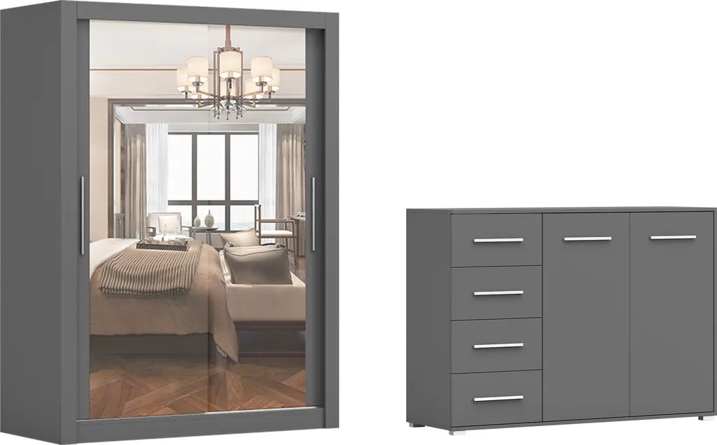Ensemble Armoire Penderie MILAN 100 Miroir + FRIDA 01 Gris 135 cm