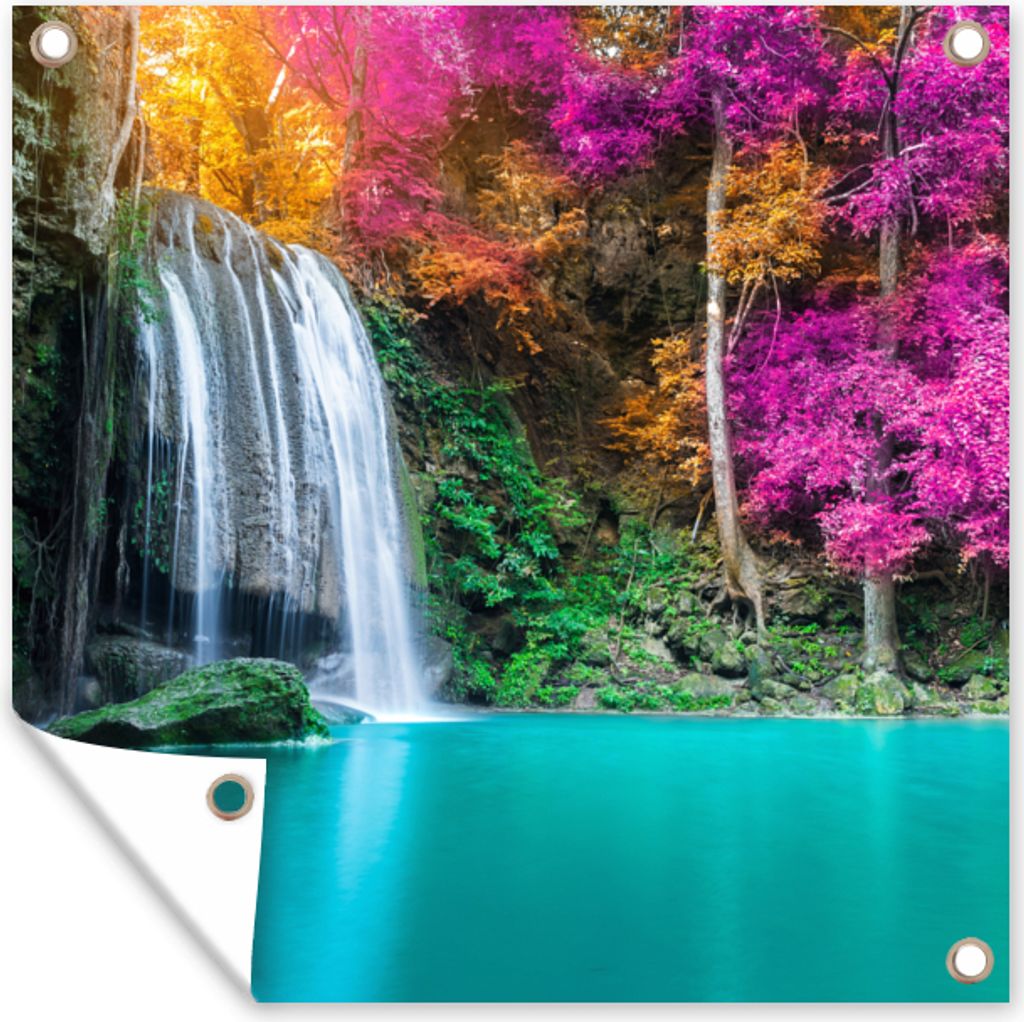 MuchoWow 50x50 cm Outdoor-Poster Gartendeko Sichtschutz Garten Poster für den Garten Wasserfall - Bäume - Rosa - Braun - Natur