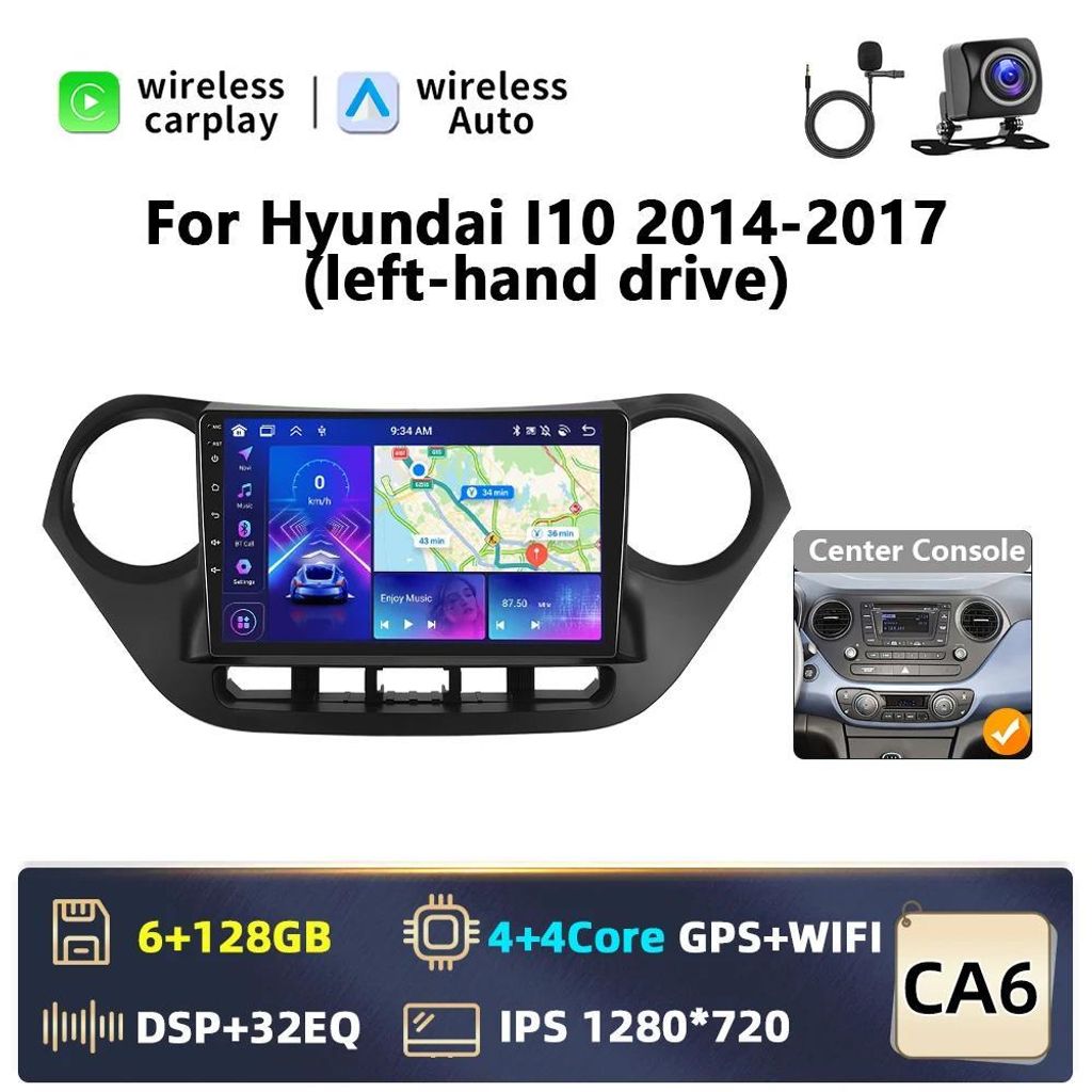 Autoradio - Android 2-DIN - 22,9 cm Display - CarPlay & Android Auto - 4G GPS - 6 GB RAM 128 GB ROM - Rückfahrkamera - Für Hyundai i10 2014–201...