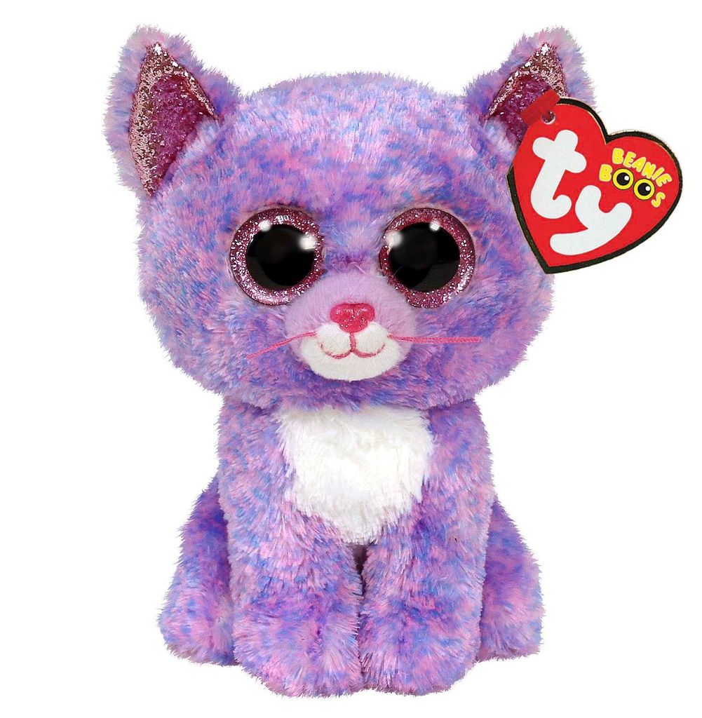 A plush toy cat with large glittery eyes and a white chest, sitting against a white background. A red heart-shaped tag with the TY Beanie Boos logo is attached to its ear.