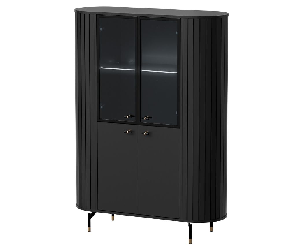 A black vitrine cabinet with glass doors and gold handles, standing on thin gold legs.