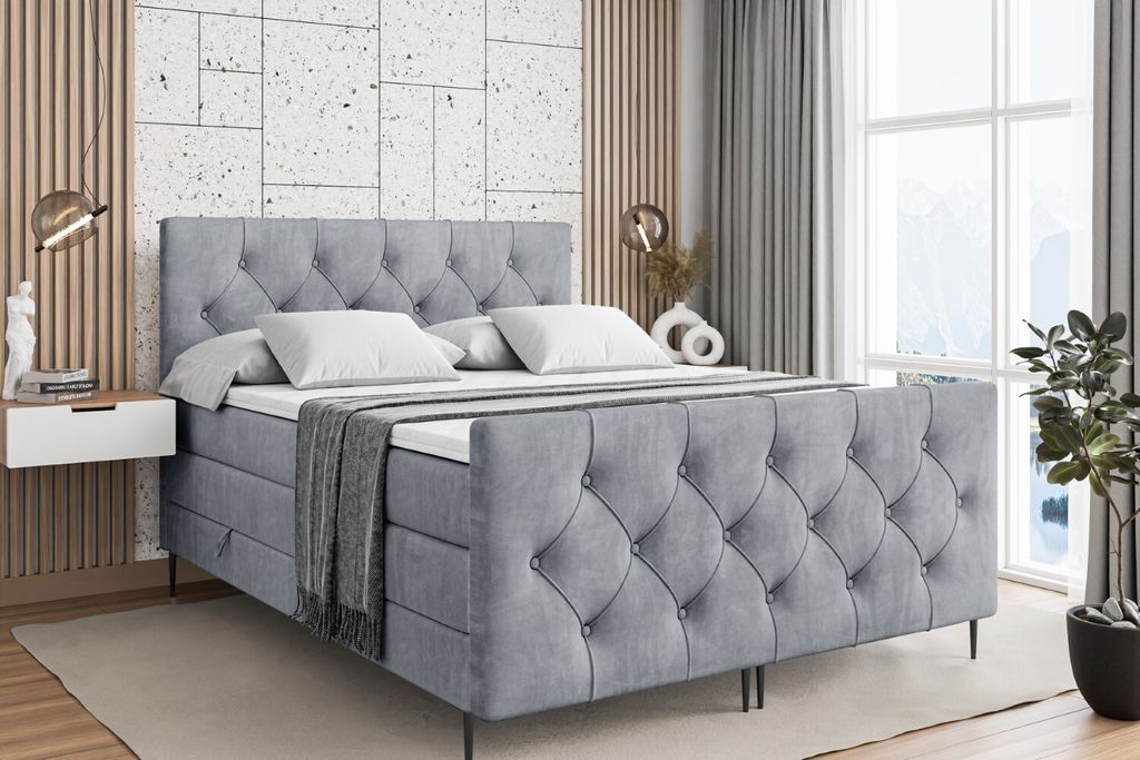 ALTDECOR Boxspringbett mit Schwarz Füßen, Matratze und Lattenrost, Topper, Fußteil, Polsterbett mit Bettkasten, Bett mit Stauraum H3- und H4- Ma...