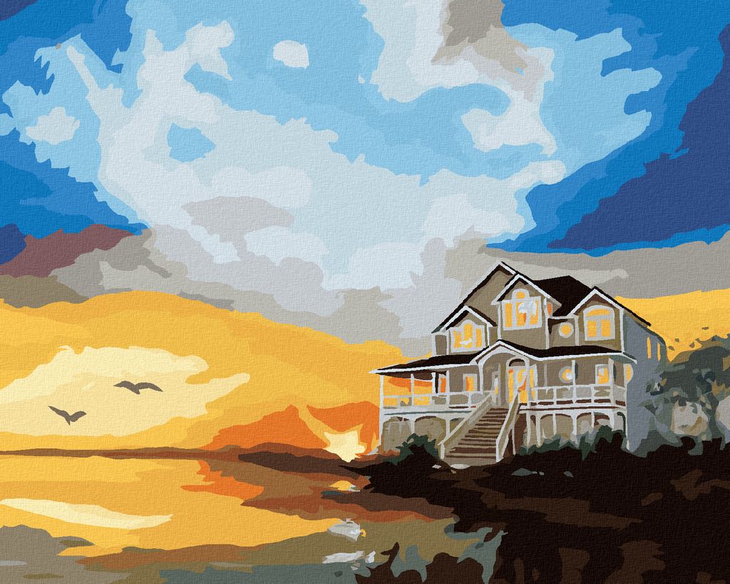 Zuty - Malen nach Zahlen - HAUS AM WASSER UND HIMMELSRÖTE (D. RUSTY RUST), 40x50 cm, mit Keilrahmen (bereits gespannt)