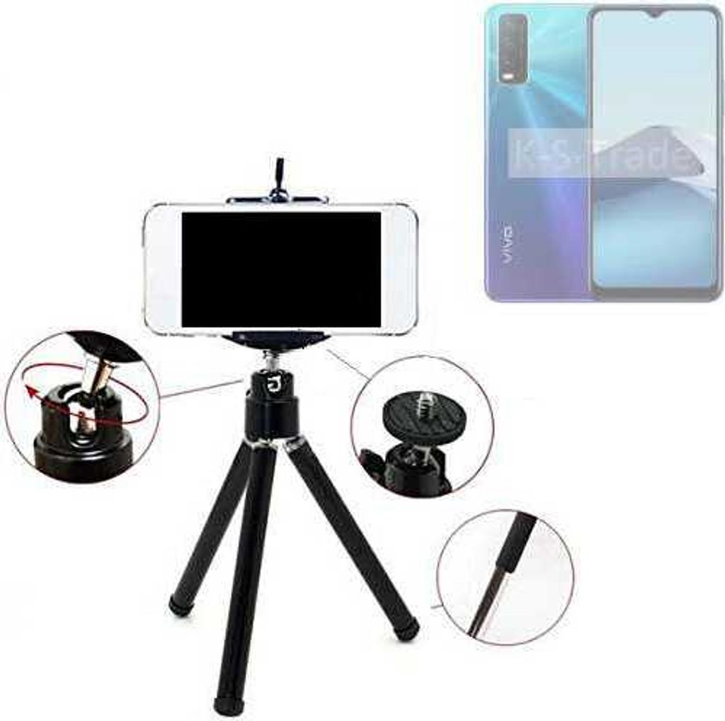 K-S-Trade Smartphone Stativ Dreibein kompatibel mit Vivo Y20s Tripod aus Aluminium Klemmstativ Stativ Adapter für Mobiltelefone schwarz 1x