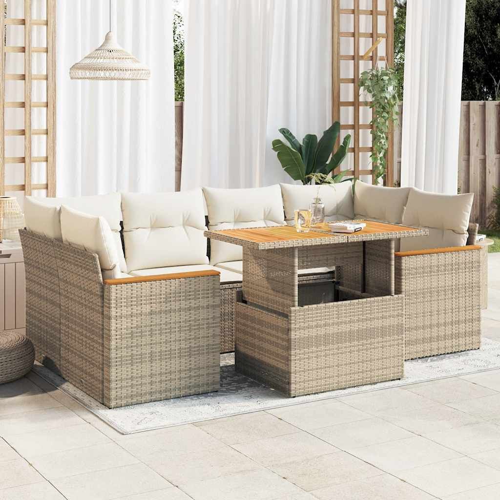 6-tlg. Garten-Sofagarnitur mit Kissen Beige Poly Rattan Akazie, Gartenmöbel-Sets DesignMöbel