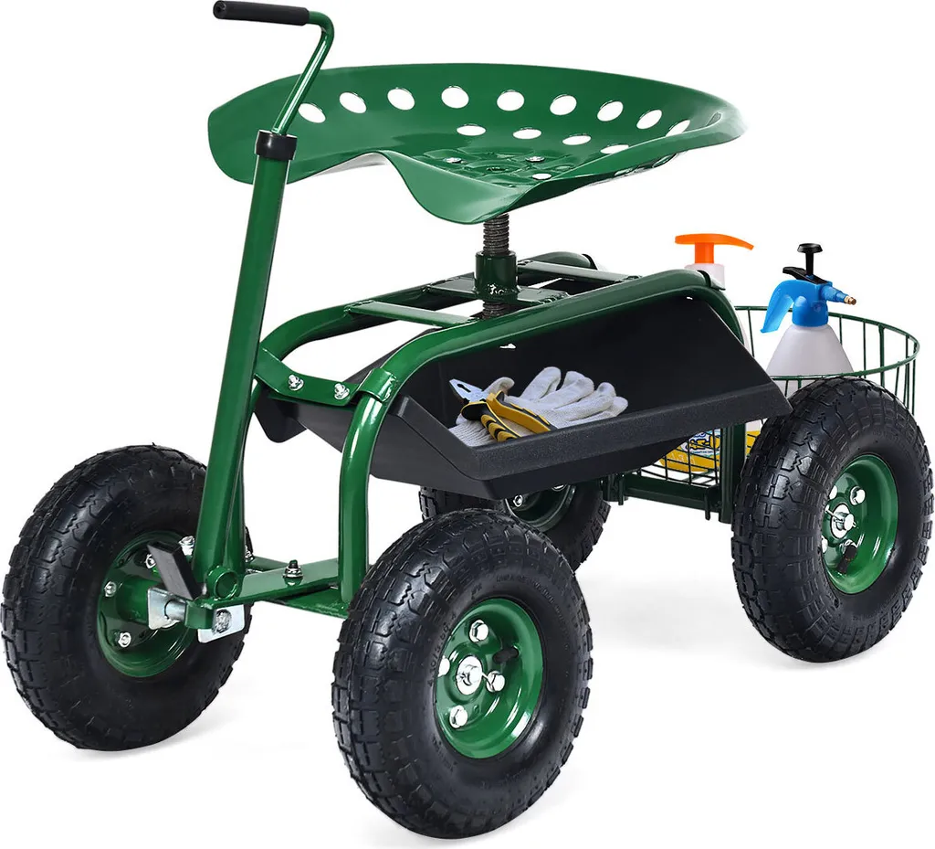 COSTWAY Siège de Jardin à Roulettes Pivotant Réglable en Hauteur 150kg