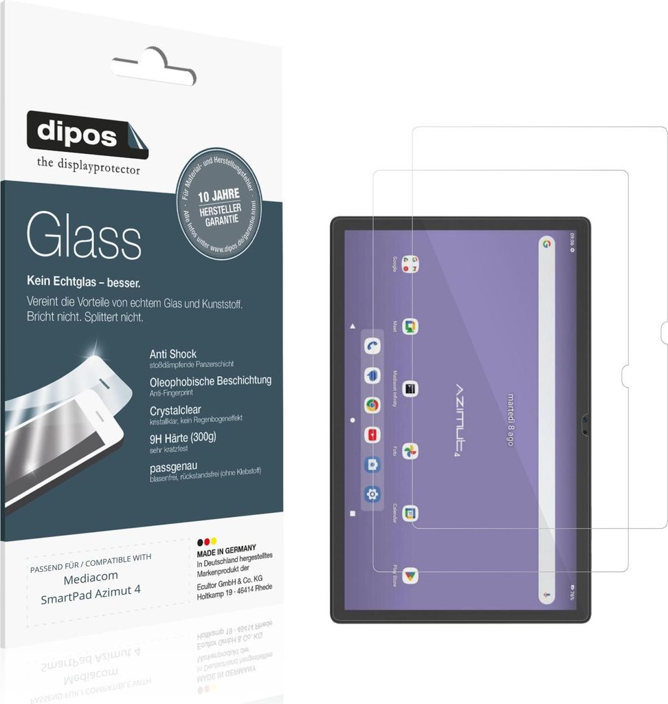 2x Schutzfolie für Mediacom SmartPad Azimut 4 - Anti-Shock 9H Folie dipos Glass Kunststoffglas