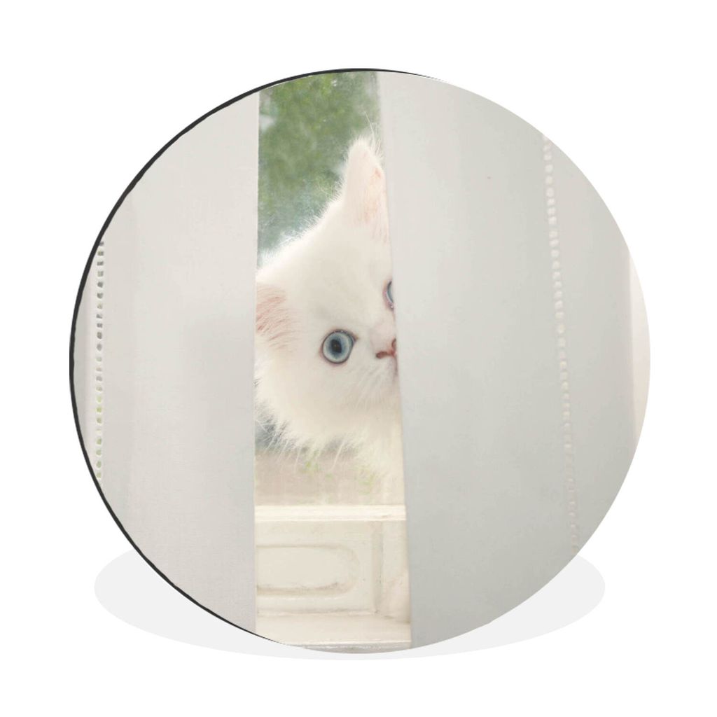 MuchoWow Aluminium Wandkreis Weiße Perserkatze mit blauen Augen schaut durch den Vorhang Ø 90 cm Wanddeko Modern Wohnzimmer - Mauerkreis - Wand...