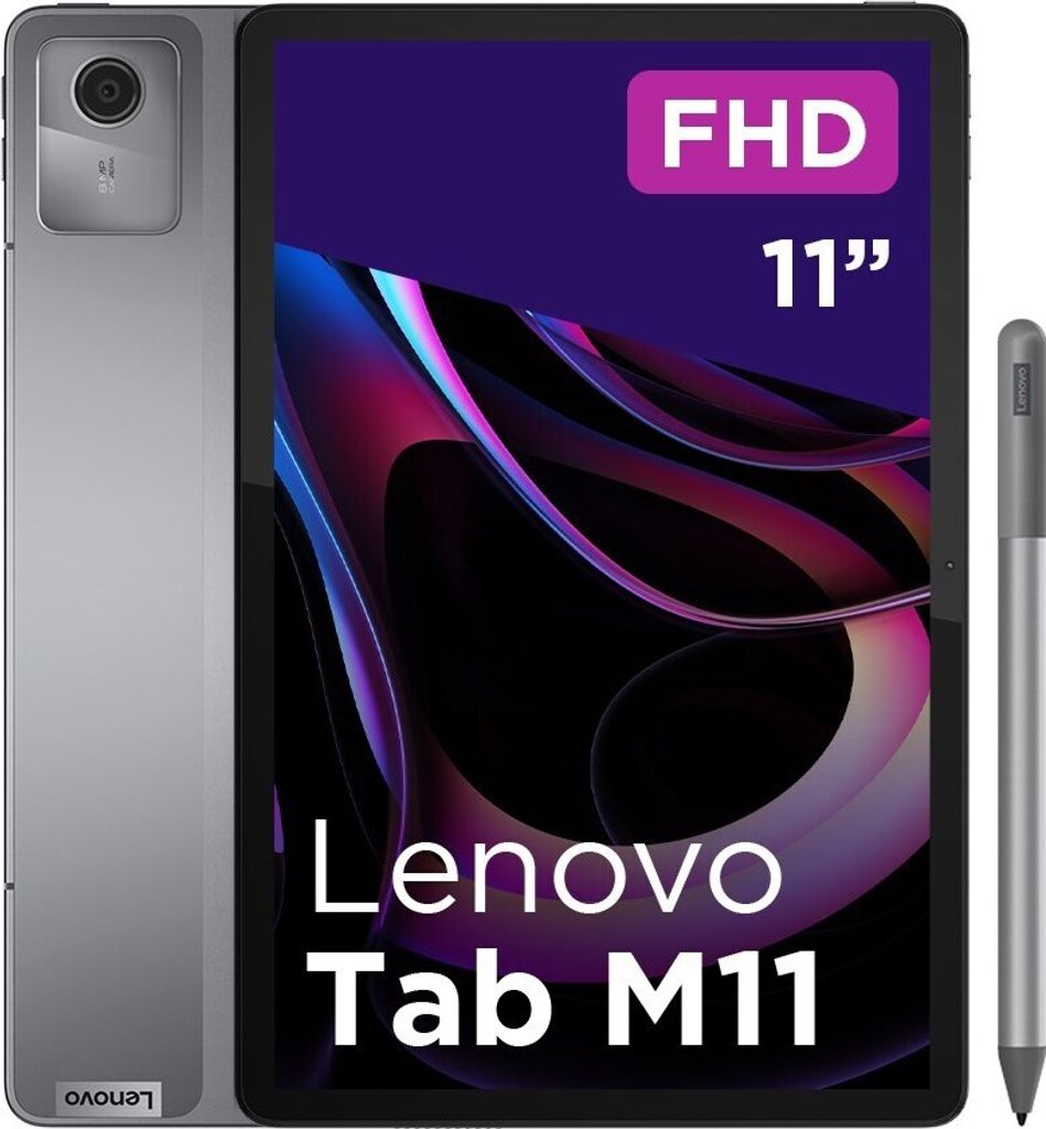 A Lenovo Tab M11 tablet is shown with a stylus. The screen displays abstract colorful graphics and text indicating 'FHD 11"' and 'Lenovo Tab M11'.