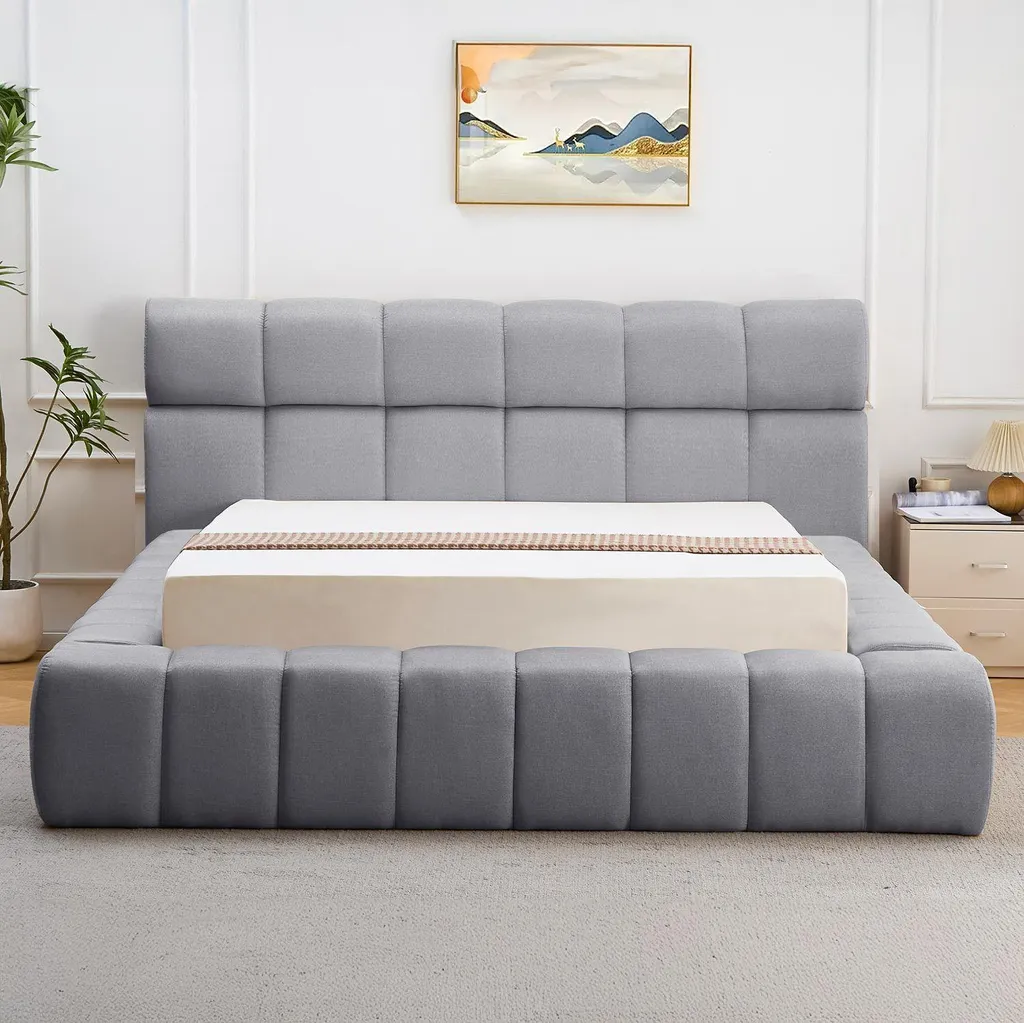 Lit-coffre matelassé Challow 140x190cm Gris foncé avec sommier à lattes