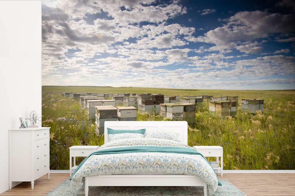 MuchoWow Fototapete für Wohnzimmer oder Schlafzimmer Wandtapete Vinyl Motivtapete Bienen - Blume - Himmel - 330x220 cm - Fototapeten