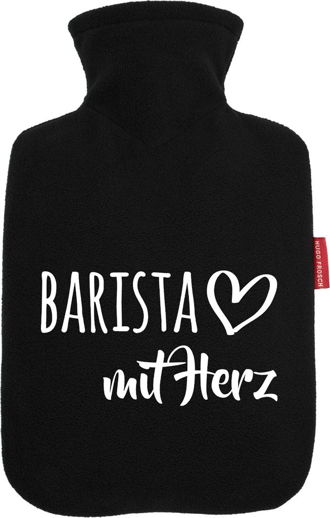 Huuraa Wärmflasche Barista mit Herz 1,8 Liter Black Classic Veloursbezug Bettflasche Geschenkidee